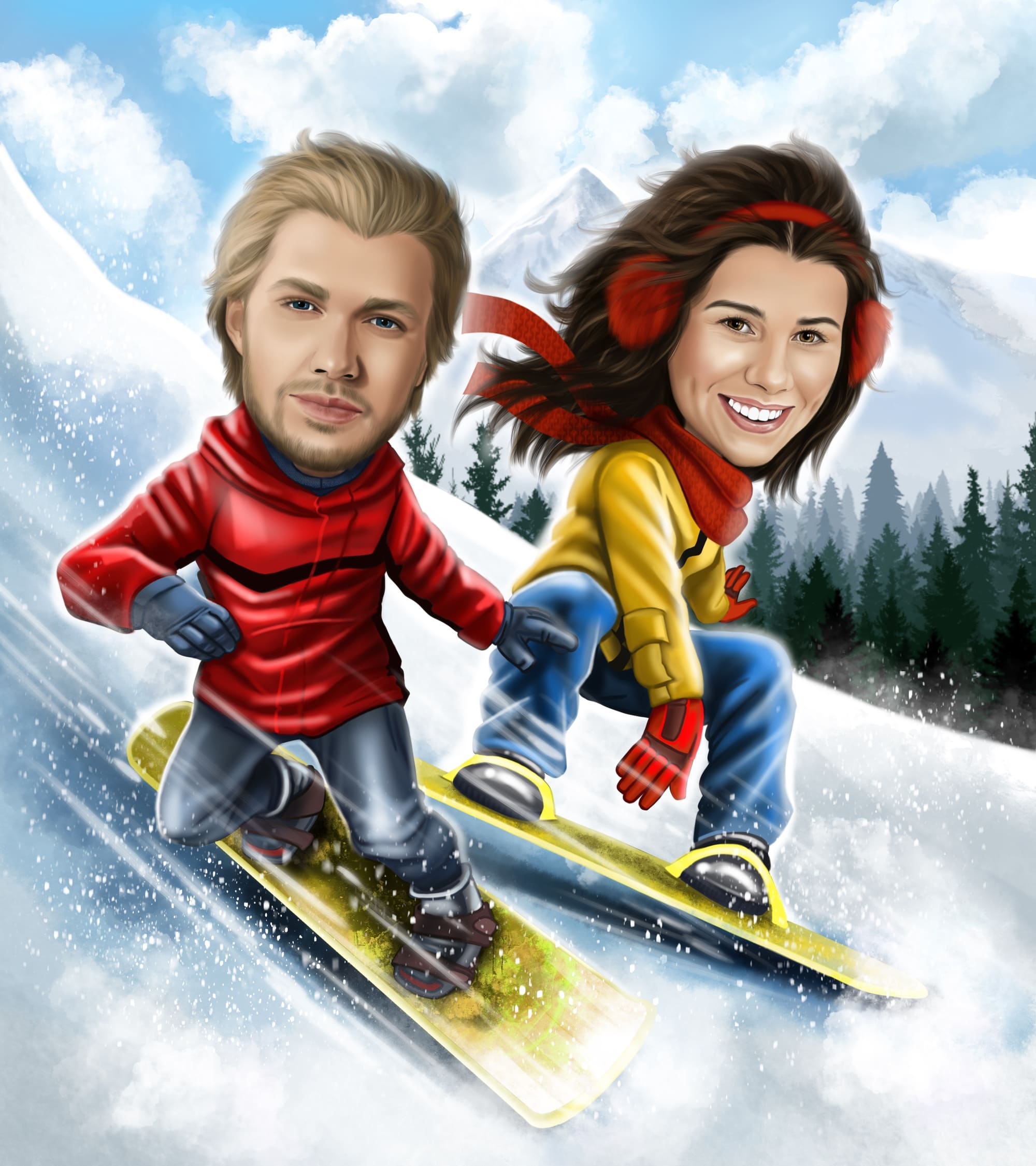 Kresba z fotky páry na snowboardu